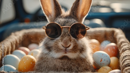 Cute Easter Bunny with sunglasses looking out of a car