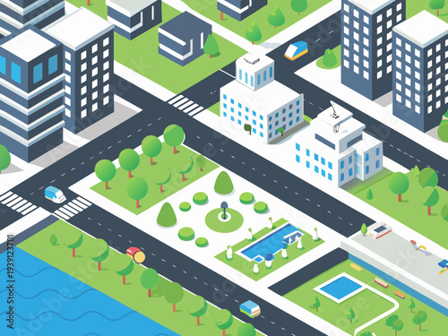 Isometric illustration of a modern city with buildings parks and water
