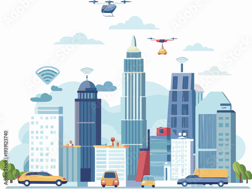 A futuristic cityscape featuring delivery drones helicopters and wireless connectivity