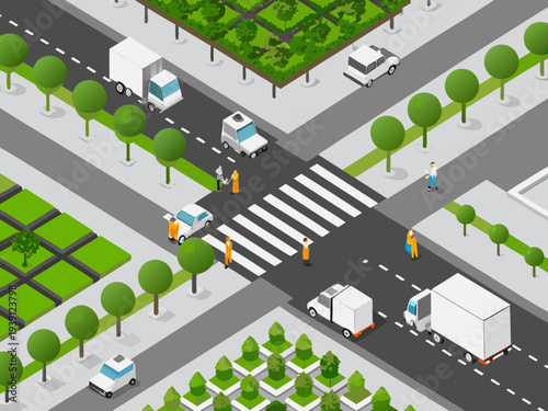 Isometric illustration of a city intersection with vehicles and workers