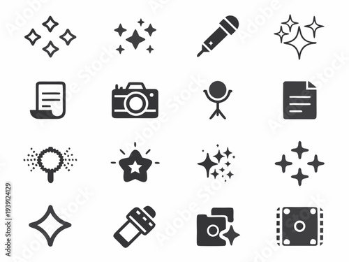 Collection of diverse media and entertainment related icons in black