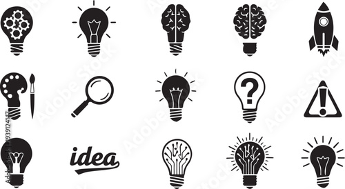 Dynamic collection of black and white vector icons symbolizing creative thinking, innovation, problem-solving, and the generation of new ideas for various projects