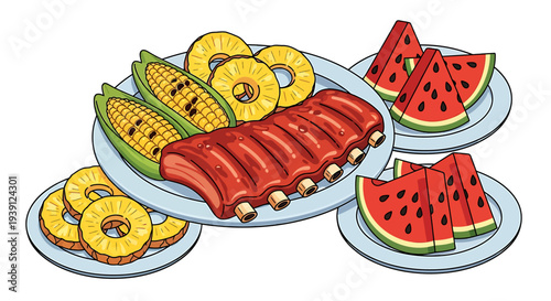 Fresh Fruit and Barbecue Ribs on Plates.