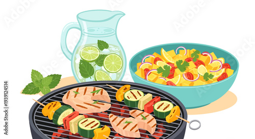 Grilled Chicken and Vegetables on Barbecue.