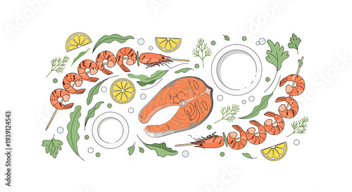 Illustration of prawns with lemon and herbs.