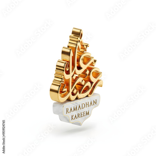 Golden Ramadhan Kareem Calligraphy 3D Render on Marble Base Islamic Holiday Greeting