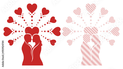 Loving couple silhouetted against a vibrant heart tree symbolizing romance and connection