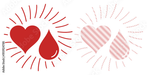 Two hearts with blood drops and radiating lines, symbolizing love, life, and health.
