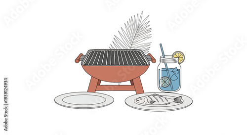 Barbecue Grill with Cocktail and Plates.