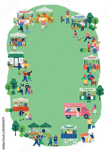マルシェイベント風景 人々で賑わう屋外マーケットのイラスト