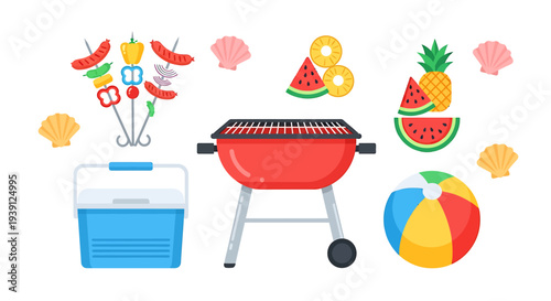 Summer BBQ Grill and Accessories Illustration.