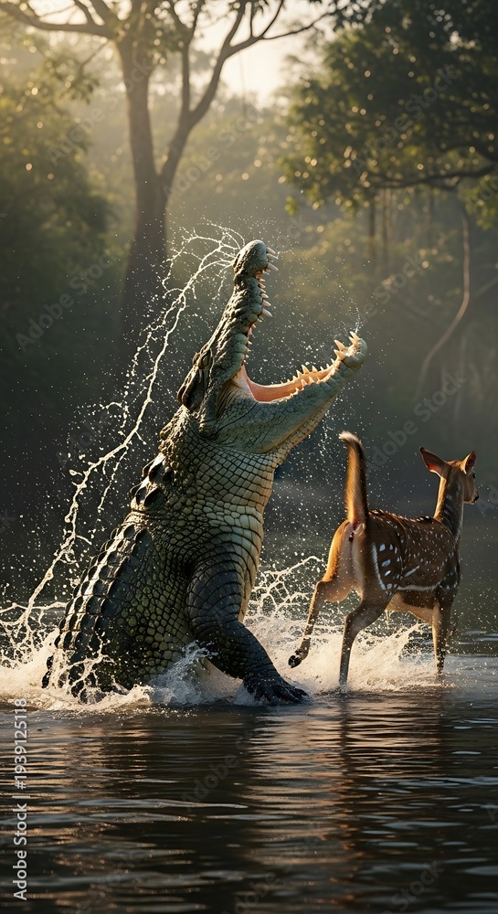 Fototapeta premium Man splashing water on a deer.