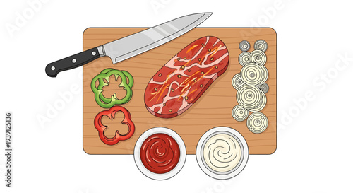 Raw Steak with Knife and Vegetables on Board.