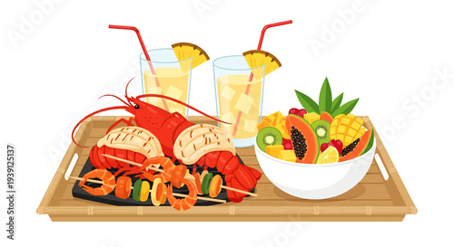 Lobster Seafood Fruit and Refreshing Drinks.