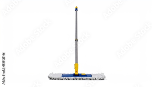 A standing mop with a blue rectangular cleaning head on a white background