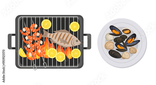 Grilled Seafood and Mussels on Plate.