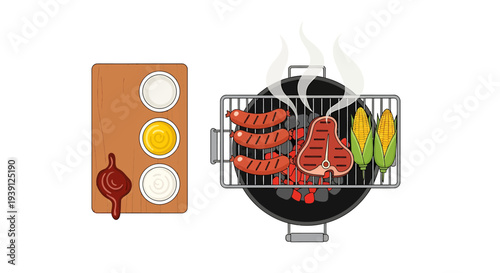 Grilled Sausages and Vegetables on Barbecue.