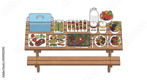 Assorted Food Items on Wooden Table.