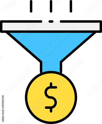 Icon 6.svg illustration of a funnel with a dollar coin dropping into it, symbolizing financial transaction