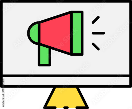 Photos Megaphone icon displayed on computer monitor screen for announcement purposes
