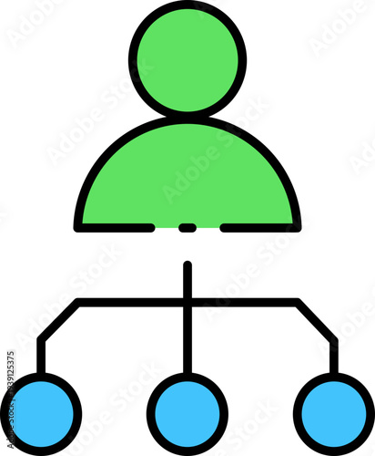 Simple illustration of a person icon connected to three subordinate icons symbolizing hierarchy and organization in a flat design style