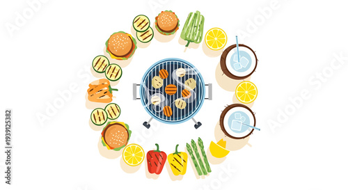 Grill with Surrounding Food and Utensils.