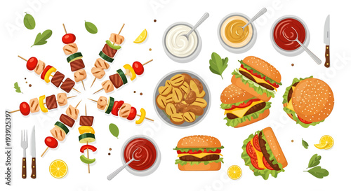 Assorted Fast Food Burgers Fries and Skewers.