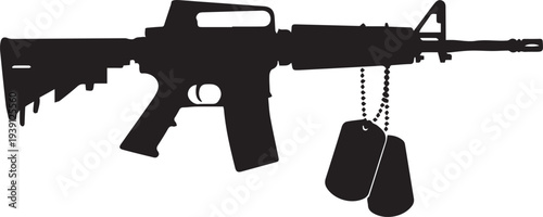 Assault rifle and dog tags vector silhouette illustration line art on transparent background