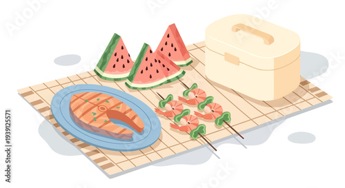 Grilled Salmon with Watermelon and Skewers.