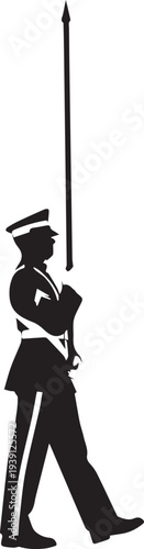 Ceremonial guard marching with spear vector silhouette illustration with uniform line art