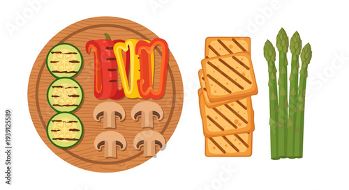 Grilled Vegetables and Bread on Plate.