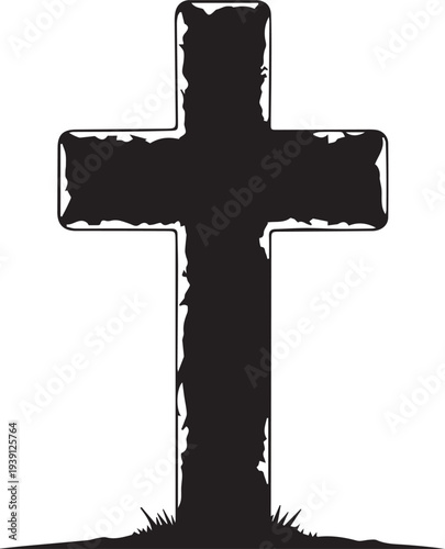 Religious cross on grave vector silhouette illustration line art on transparent background