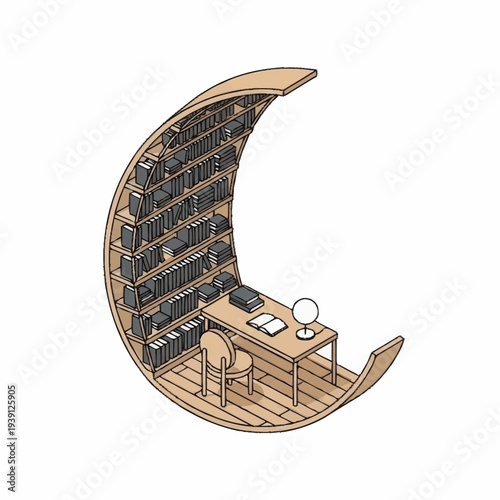 Crescent moon shaped office workspace with bookshelves and desk.