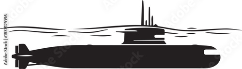 Submarine vector silhouette illustration, underwater warship on transparent background, military transport