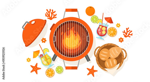 Grill with Seafood and Cooking Utensils.