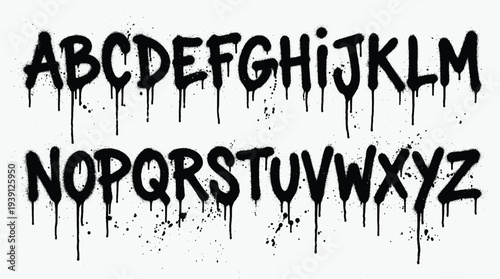 Urban graffiti alphabet set with dripping paint effects, bold letters, spray splatters, and dynamic strokes