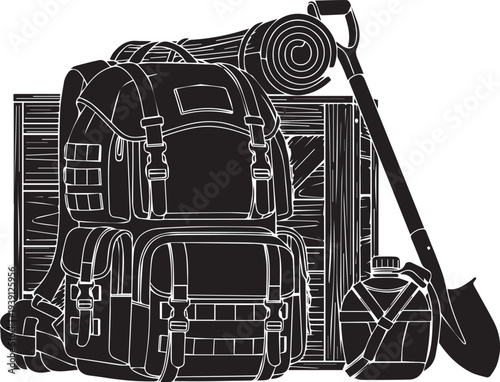 Tactical backpack vector silhouette gear illustration field equipment line art supplies set