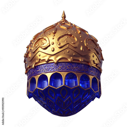 Ornate golden dome with blue calligraphy and geometric patterns against white background