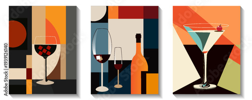 A set of minimalist vintage posters featuring red and white wine bottles and glasses. Restaurant menus, event invitations, festivals, and parties. Wine tasting concept. Retro vector illustrations.