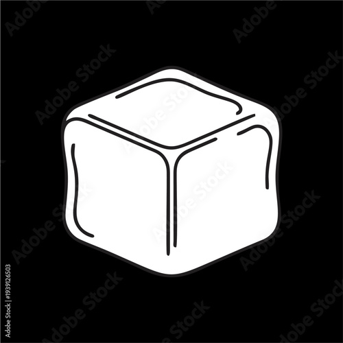 A simple graphic illustration of a white ice cube with rounded edges on a black background, representing coolness and refreshment.