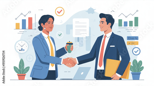 Business professionals shaking hands in a modern office setting with charts and graphs in the background symbolizing partnership and agreement