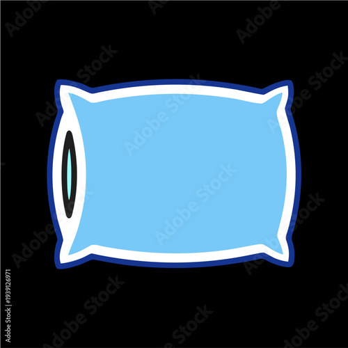 A simple, cartoon-style illustration of a light blue pillow with a dark blue outline and white border, set against a solid black background.