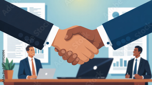Business handshake agreement in modern office setting with professionals working in background on laptops and documents