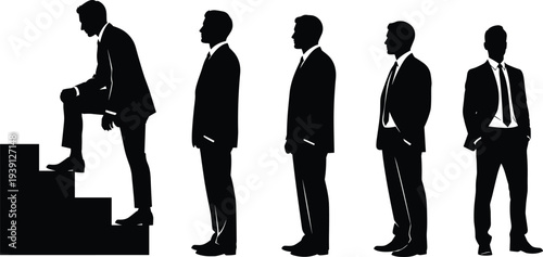Professional businessman silhouette figures standing in line and climbing stairs representing career growth, leadership development, corporate progress, and success concept.