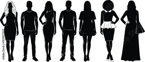 Set of diverse people silhouettes, men and women standing in casual and formal fashion clothing, vector black icons on white