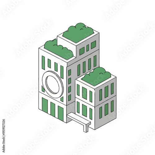 Isometric illustration of a modern eco-friendly office building with green roofs.