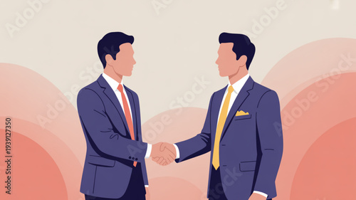 Two businessmen in blue suits shaking hands agreement partnership professional orange and yellow ties modern illustration corporate deal handshake gesture business partnership