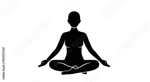 Woman practicing yoga in a serene lotus position, illustration, silhouette, peaceful atmosphere, meditative state