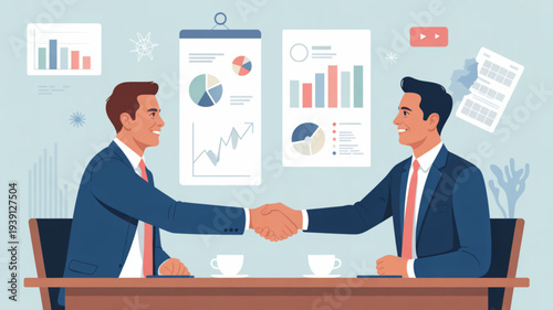 Two businessmen in suits shaking hands over a table with coffee cups and data charts in the background symbolizing partnership and agreement