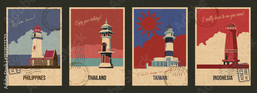 Philippines, Thailand, Taiwan, Indonesia Lighthouses Attraction Postcards, Popular Places Illustration Set, Vector Template Retro Style Greeting Cards. Vintage Colors, Aged Paper Texture